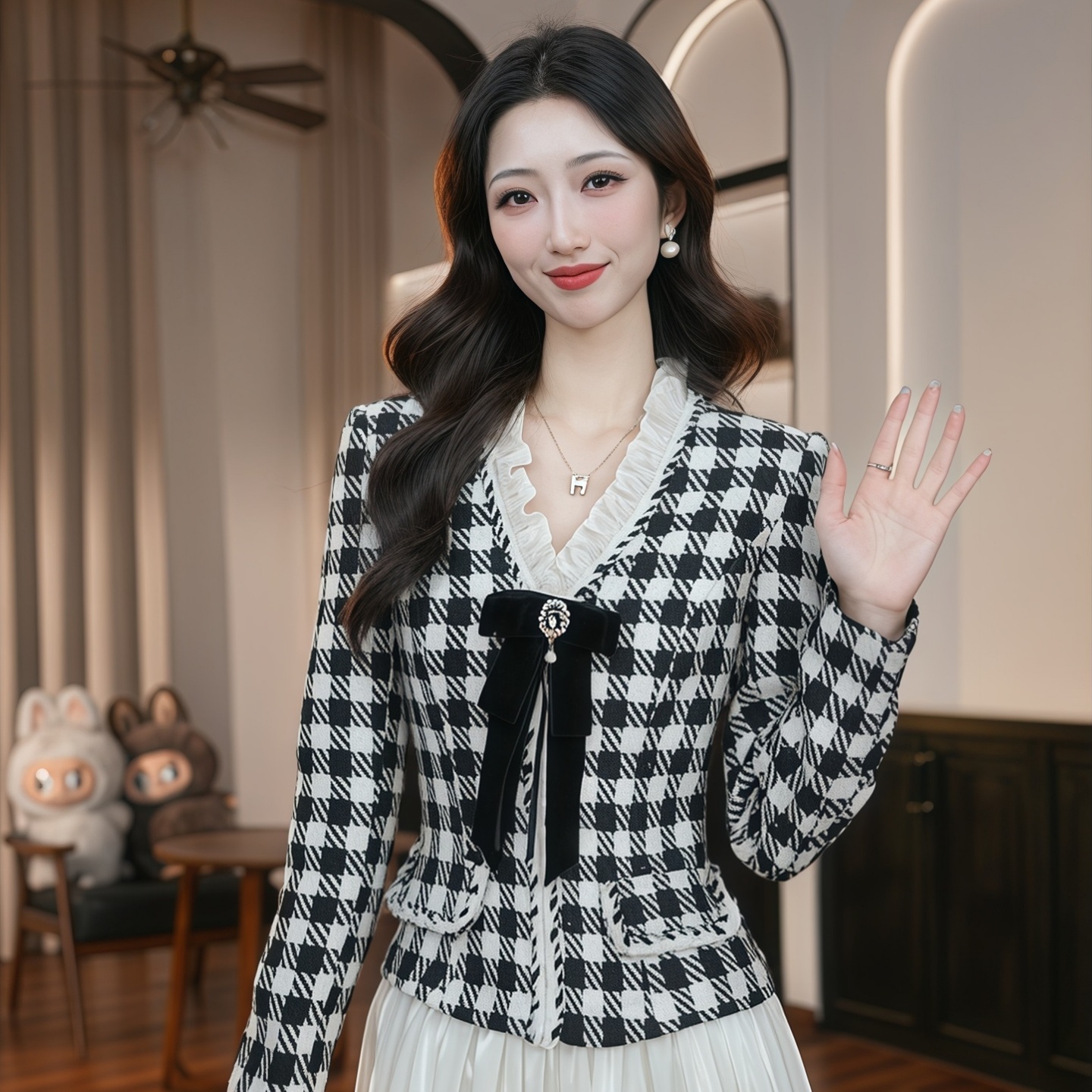 简约千鸟格高腰拼连衣裙