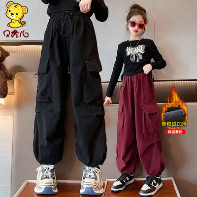 女童加绒裤子秋冬中大童工装裤