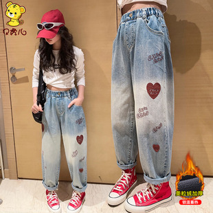 女童加绒裤子秋冬外穿2025新款中大童加厚休闲老爹冬季儿童牛仔裤