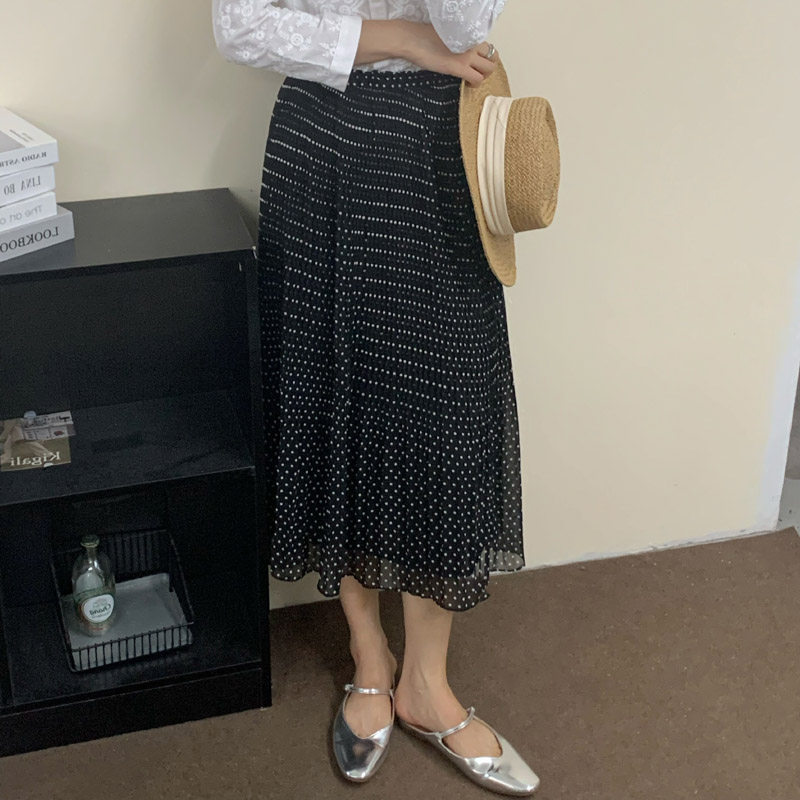 欧美松紧高腰印花波点百褶显瘦休闲OL通勤半身裙 外贸原单女夏秋
