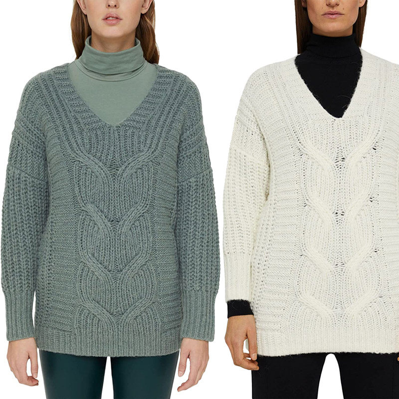 欧美V领加厚中长款落肩袖宽松保暖麻花毛衣 外贸原单女装大码秋冬