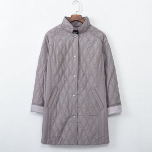 欧美菱形格绗缝薄款 春秋 夹棉收腰棉衣风衣外套夹克外贸原单女大码