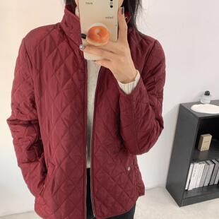 欧美菱形格绗缝立领防风雨雪薄款棉衣外套 外贸原单女装秋冬新款