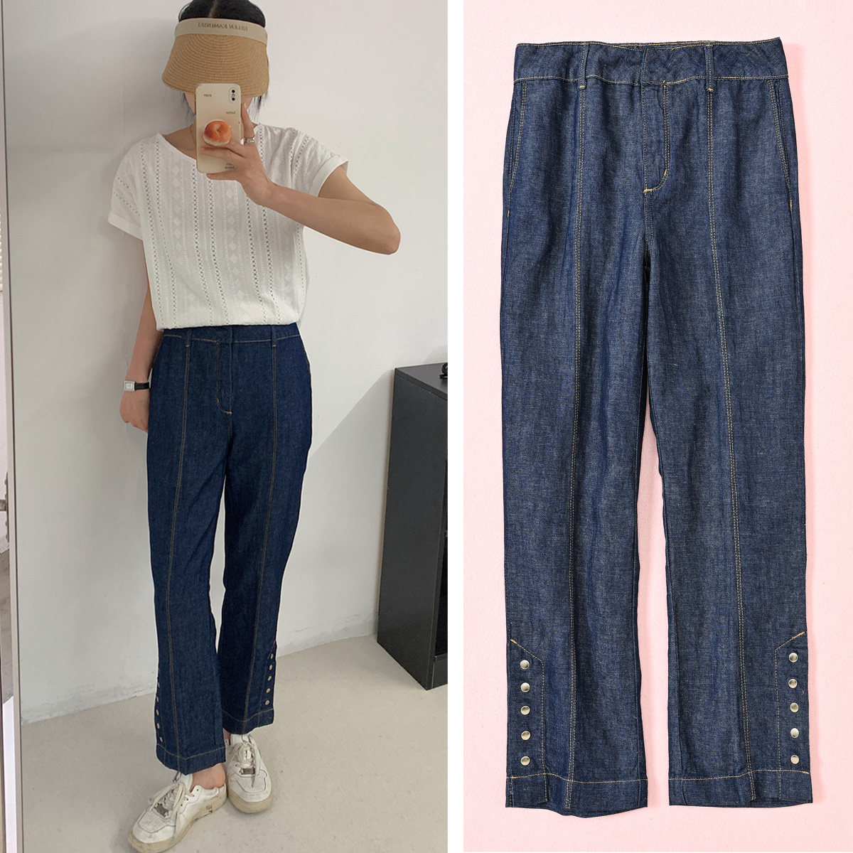 欧美高腰小直筒亚麻牛仔色口袋显瘦休闲棉麻长裤外贸原单女装夏秋