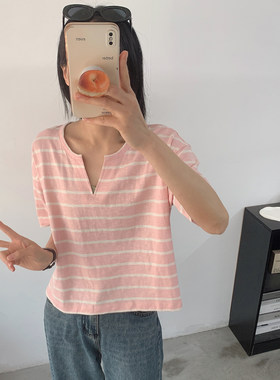 五分袖V领横条纹竹节全棉女T恤