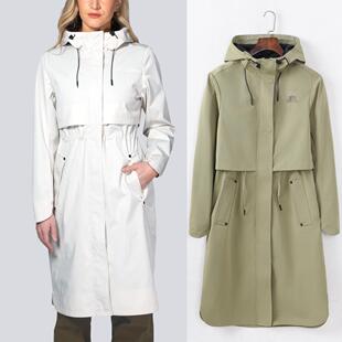 欧美防风防雨雪连帽斜纹户外软壳中长款风衣外套外贸原单女装秋冬