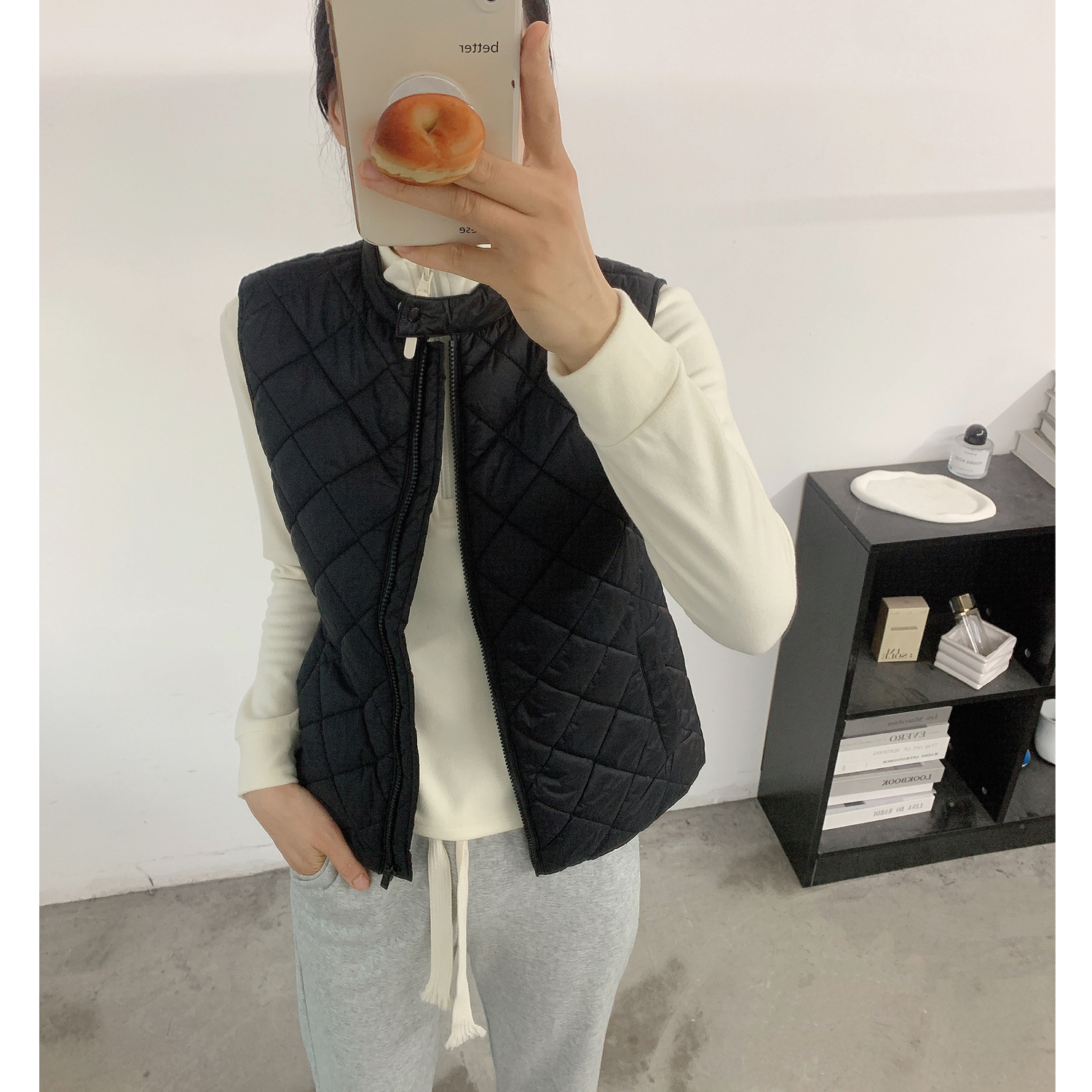 欧美拉链菱形格绗缝立领薄款马夹