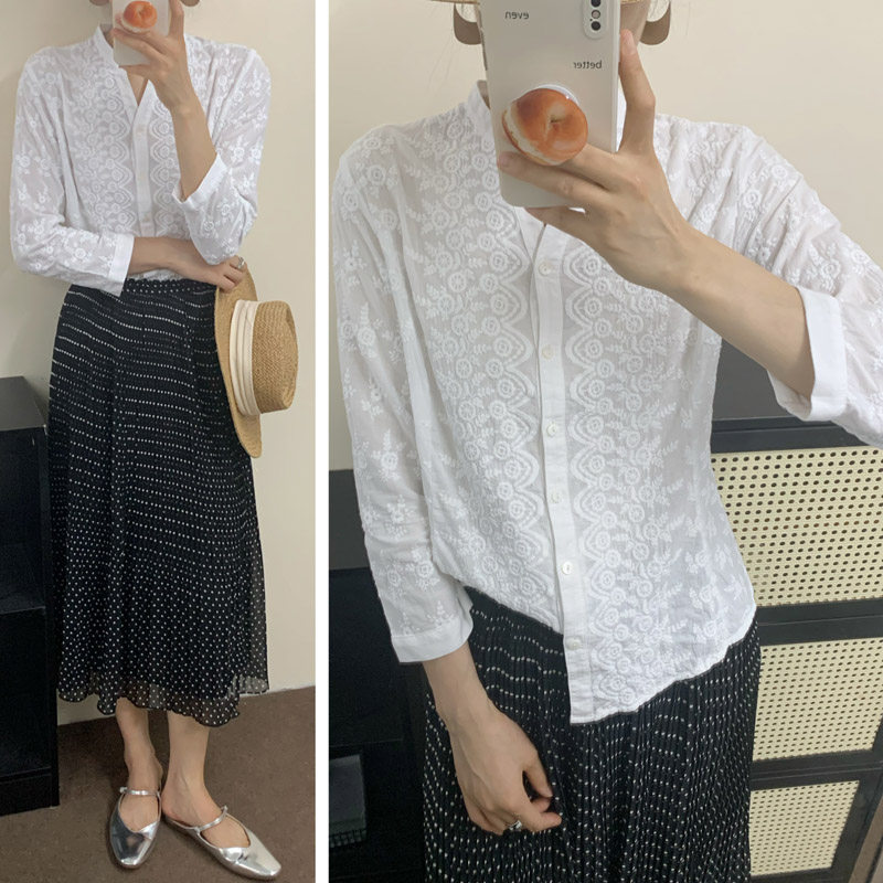 欧美满服全棉重工刺绣花卉休闲修身显瘦OL通勤衬衫外贸原单女夏秋