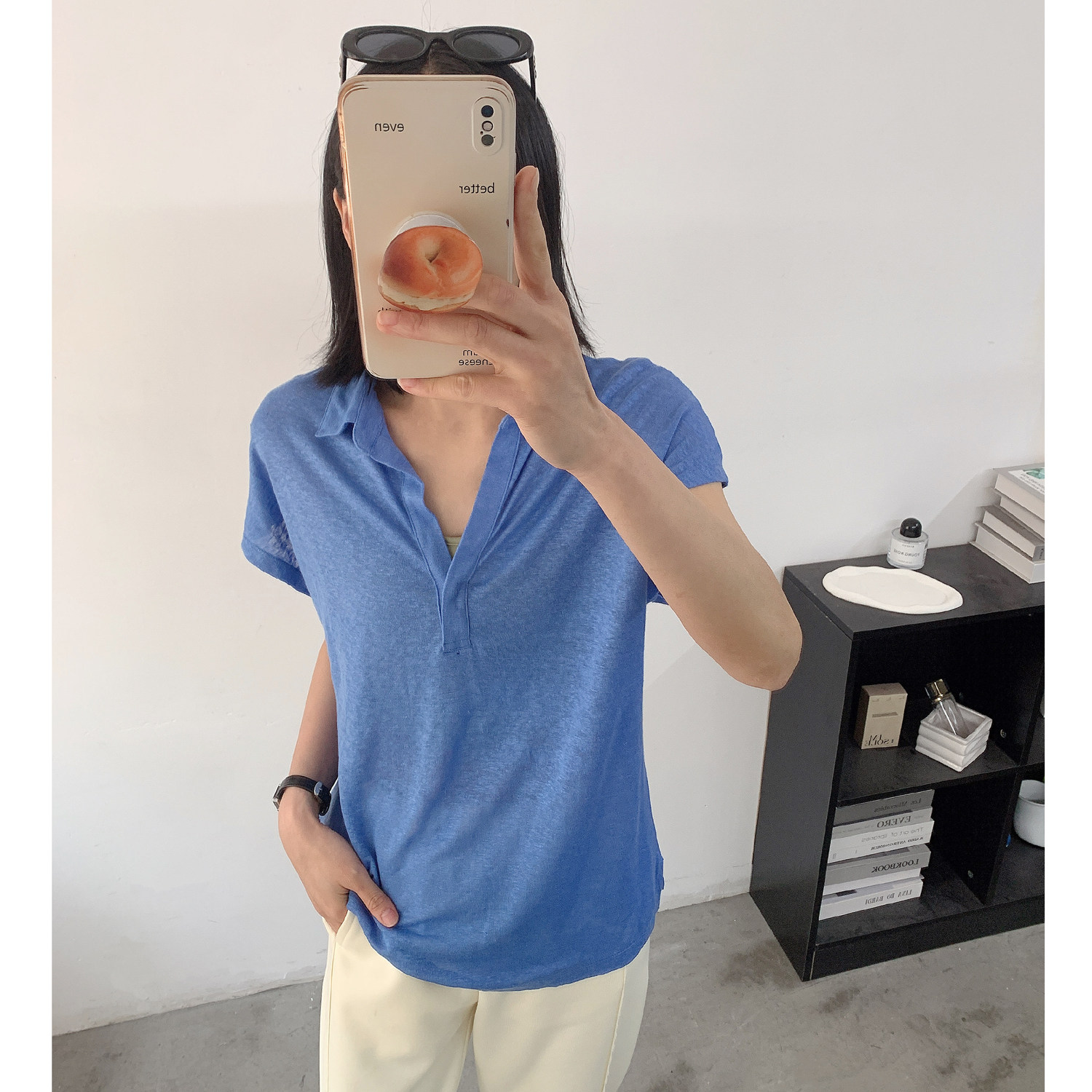 欧美纯针织亚麻宽松透气凉爽休闲纯色POLO衫T恤 外贸原单女装夏
