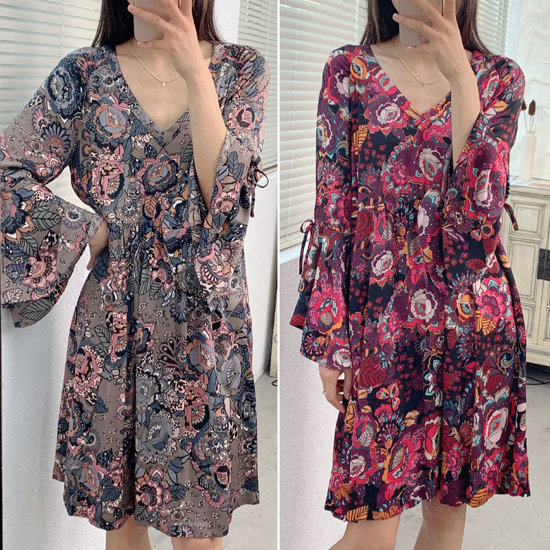 欧美小众贵牌喇叭袖印花V领民族风口袋连衣裙 外贸原单女装夏春秋