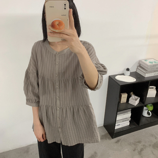 出日本圆领100%全棉提花蕾丝娃娃衫宽松衬衫开衫外贸原单女日单夏