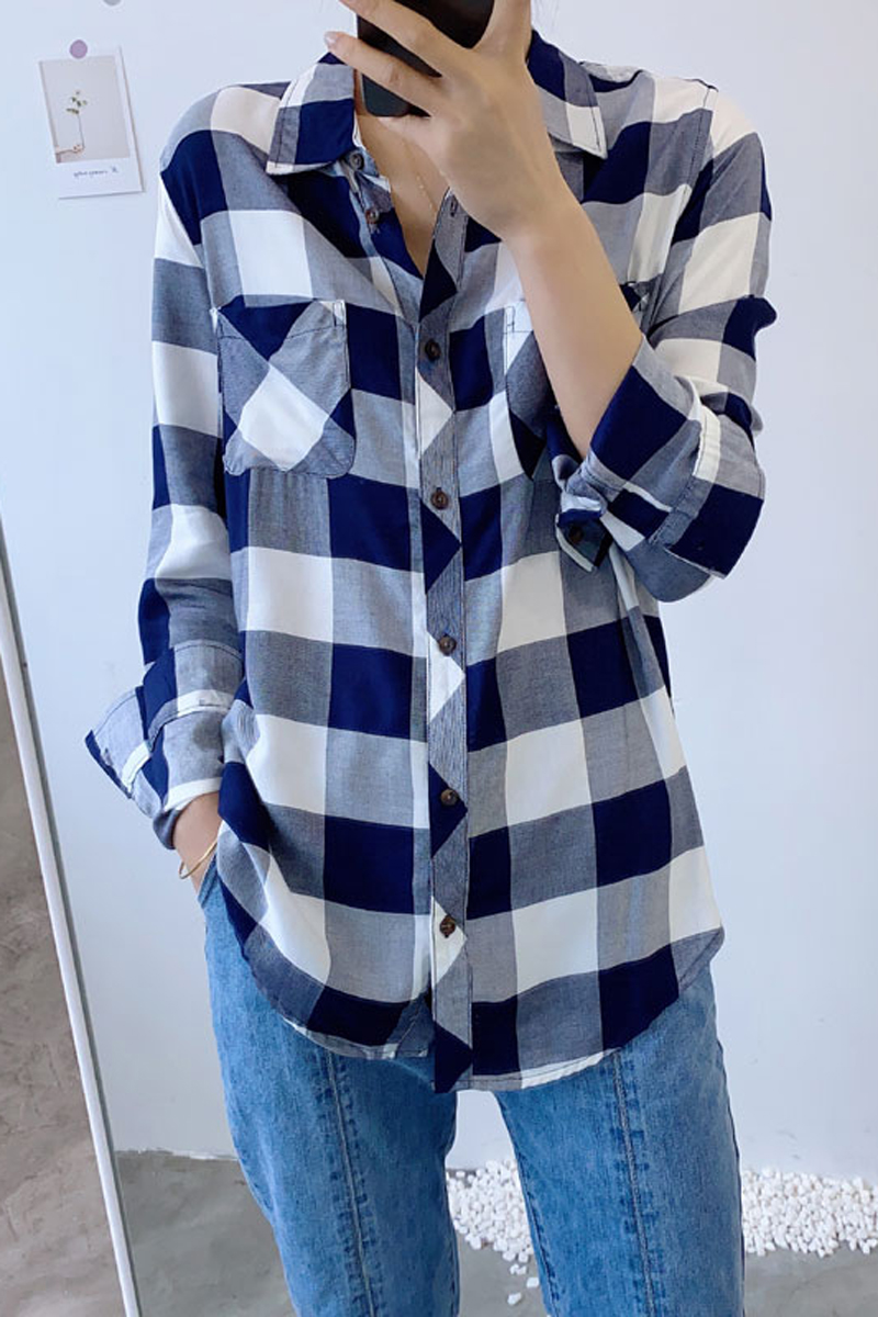 欧美风慵懒复古格纹长袖BF衬衫