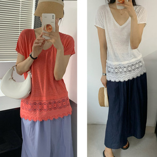 欧美100%亚麻深V领拼接刺绣短袖 夏凉爽 民族风蕾丝T恤外贸原单女装