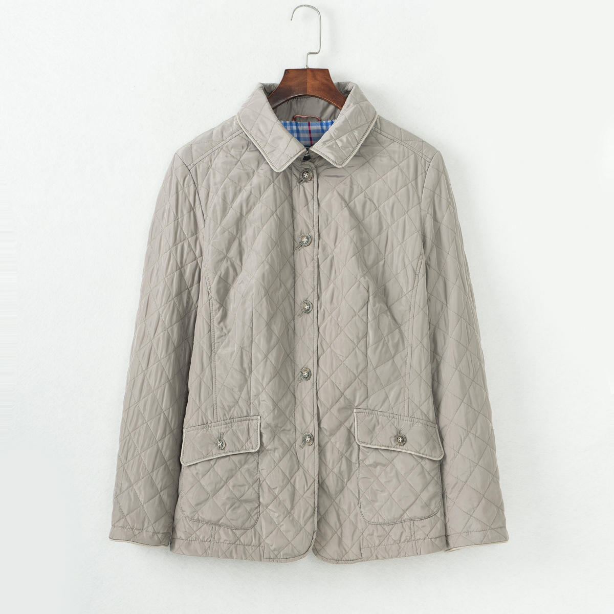 菱形格薄款棉衣翻领欧洲站显瘦