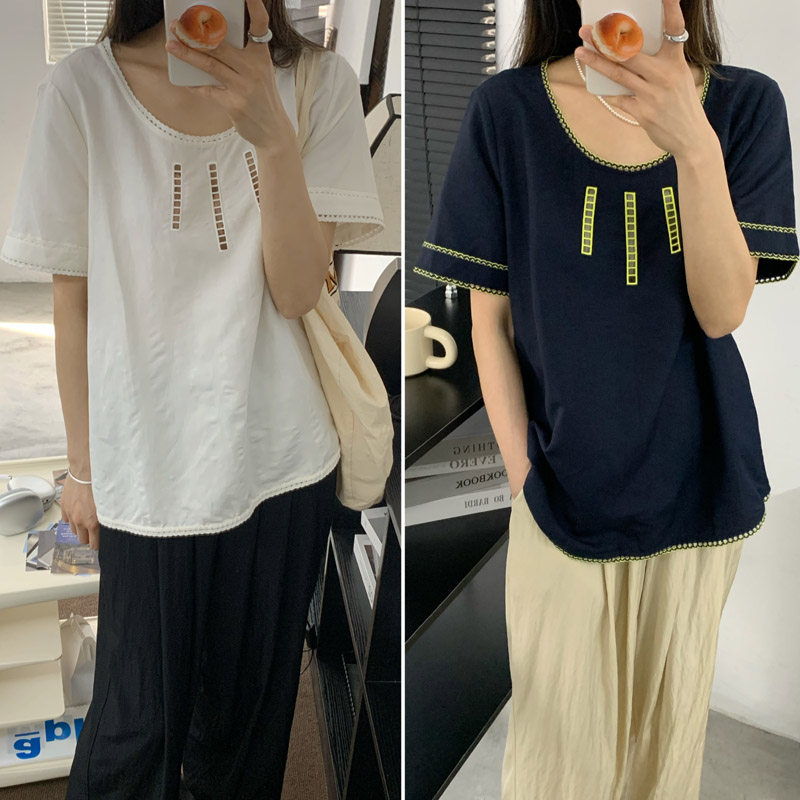 欧美亚麻刺绣镂空蕾丝圆领显瘦人棉麻短袖T恤 外贸原单女大码