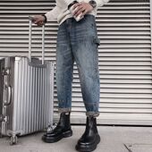 潮流九分裤 ins牛仔裤 男 裤 子秋冬款 男直筒宽松小脚裤 潮牌痞帅工装