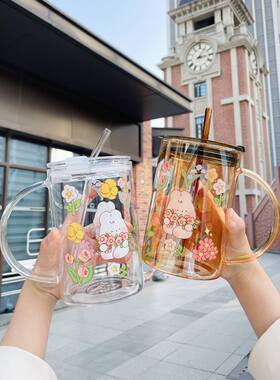 玻璃杯1000ml大容量网红可爱兔兔吸管水杯带盖子家用办公室泡茶杯