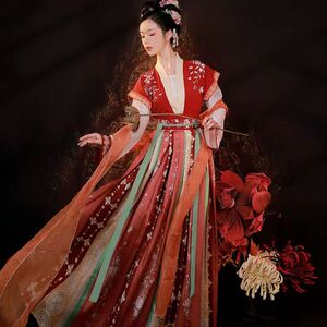 出租唐制褙子齐腰女款汉服红色国庆晚会表演走秀写真姐妹装租赁
