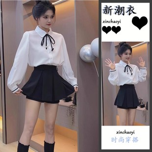 Polo领系带上衣显瘦高腰百褶裙两件套装 韩系学院风蝴蝶结白色衬衫