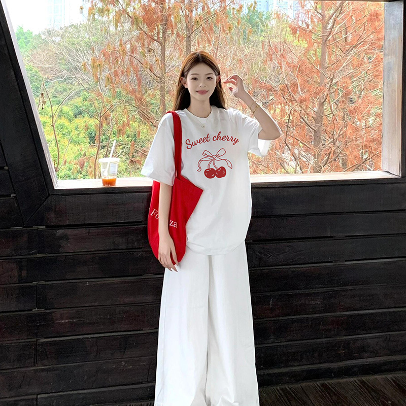 樱桃白色纯棉短袖正肩女t恤夏2025新款宽松大码上衣设计感小众女