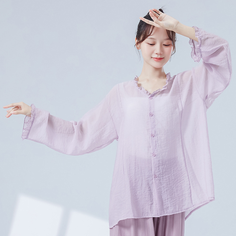 现代舞练功服女秋新款花边荷叶领衬衫中国舞中长款上衣瑜伽舞蹈服