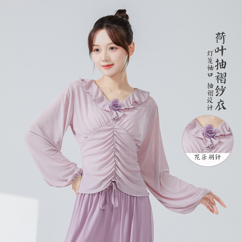 古典舞蹈服新款秋冬抽褶网纱灯笼袖纱衣日常中国舞演出练功服上衣