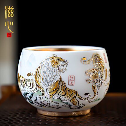 羊脂玉瓷老虎主人杯鎏金虎年茶盏白瓷五虎茶杯单个大号专用品茗杯