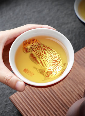 江祖清景德镇高端手绘建盏银茶杯龙鱼主人杯单杯功夫茶杯品茗茶盏