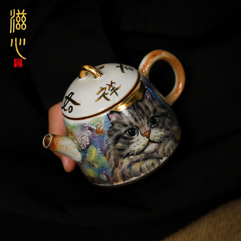 高端禾泥纯手工手绘猫咪茶壶