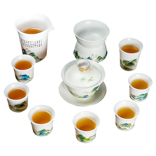 徐建勇中式青绿江山德化羊脂玉轻奢高档盖碗功夫茶具套装家用礼品