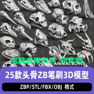 ZBrush动物头骨野猪鳄鱼鸟牛头骨高模头骨骷髅骨头雕刻笔刷3D模型