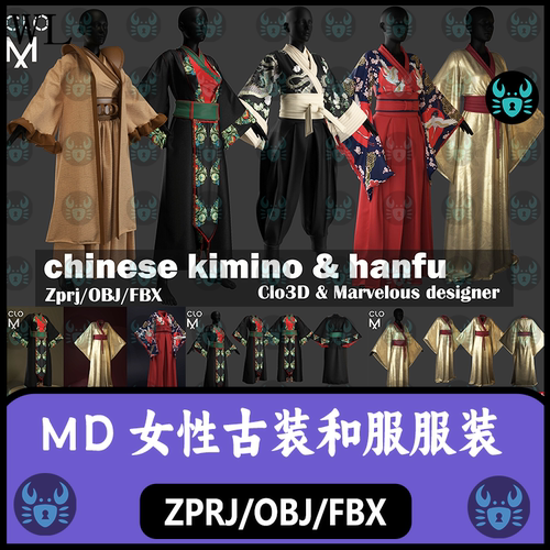 MD女性古装汉服国风服装和服日式服饰MD服装打板片zprj工程3D模型
