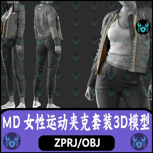 MD女性运动夹克上衣外套紧身运动裤鞋子服装打板clo3d模型obj素材