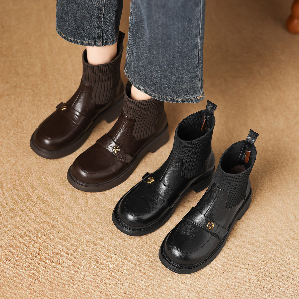 2025新款复古粗跟短靴女冬季加绒保暖时尚厚底弹力瘦瘦舒适时装靴