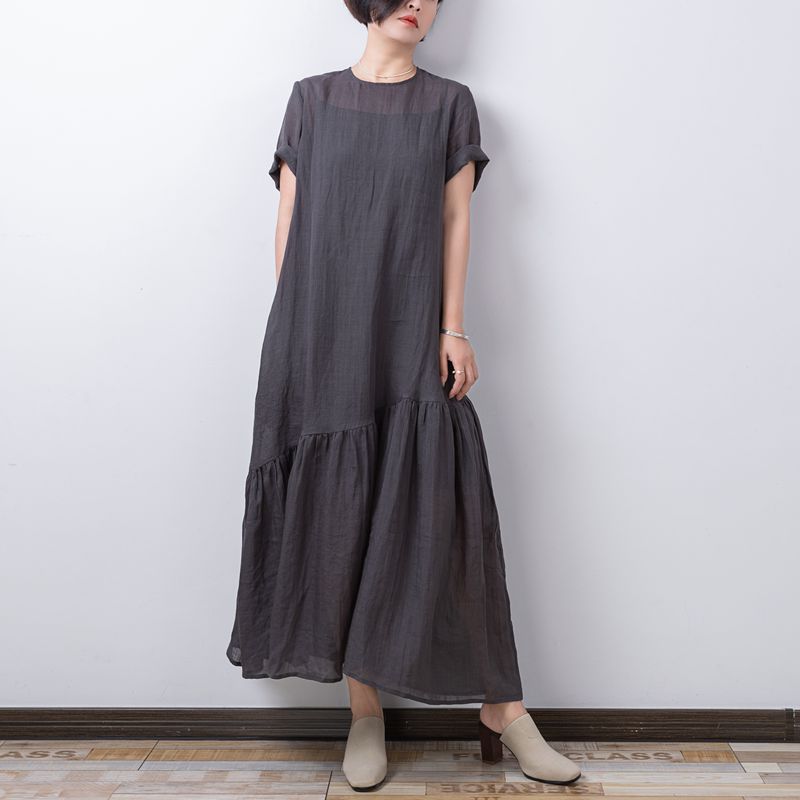 简约宽松A型苎麻深灰抽褶连衣裙