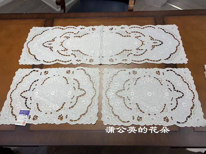 出口原单麻质手工扣锁绣布艺多用垫3件套米色白色餐垫