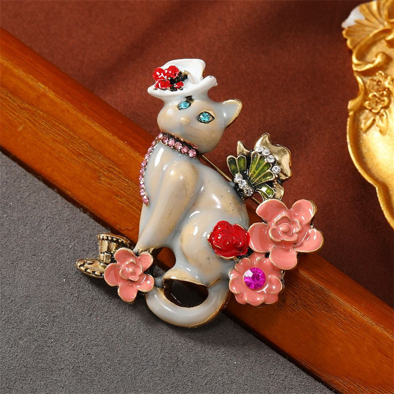 中古vintage猫咪胸针画油工艺花朵小猫别针时尚百搭西装外套配饰