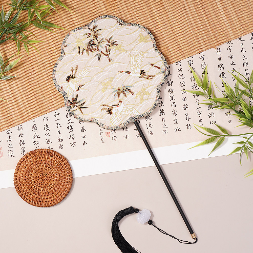 古风仙鹤团扇中国风长柄竹叶扇子