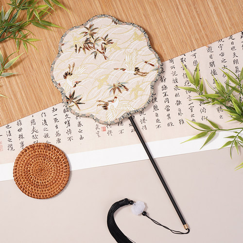 古风仙鹤团扇中国风长柄竹叶扇子