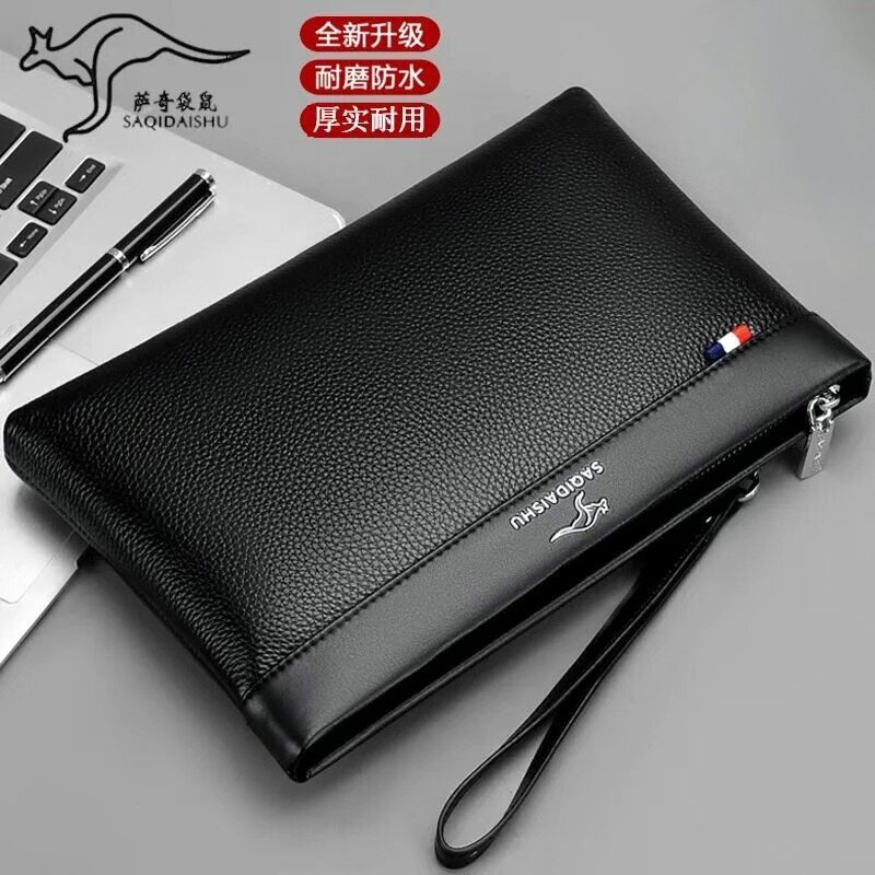 正品袋鼠男士头层牛皮手包男包时尚手拿包大容量真皮男包手抓包