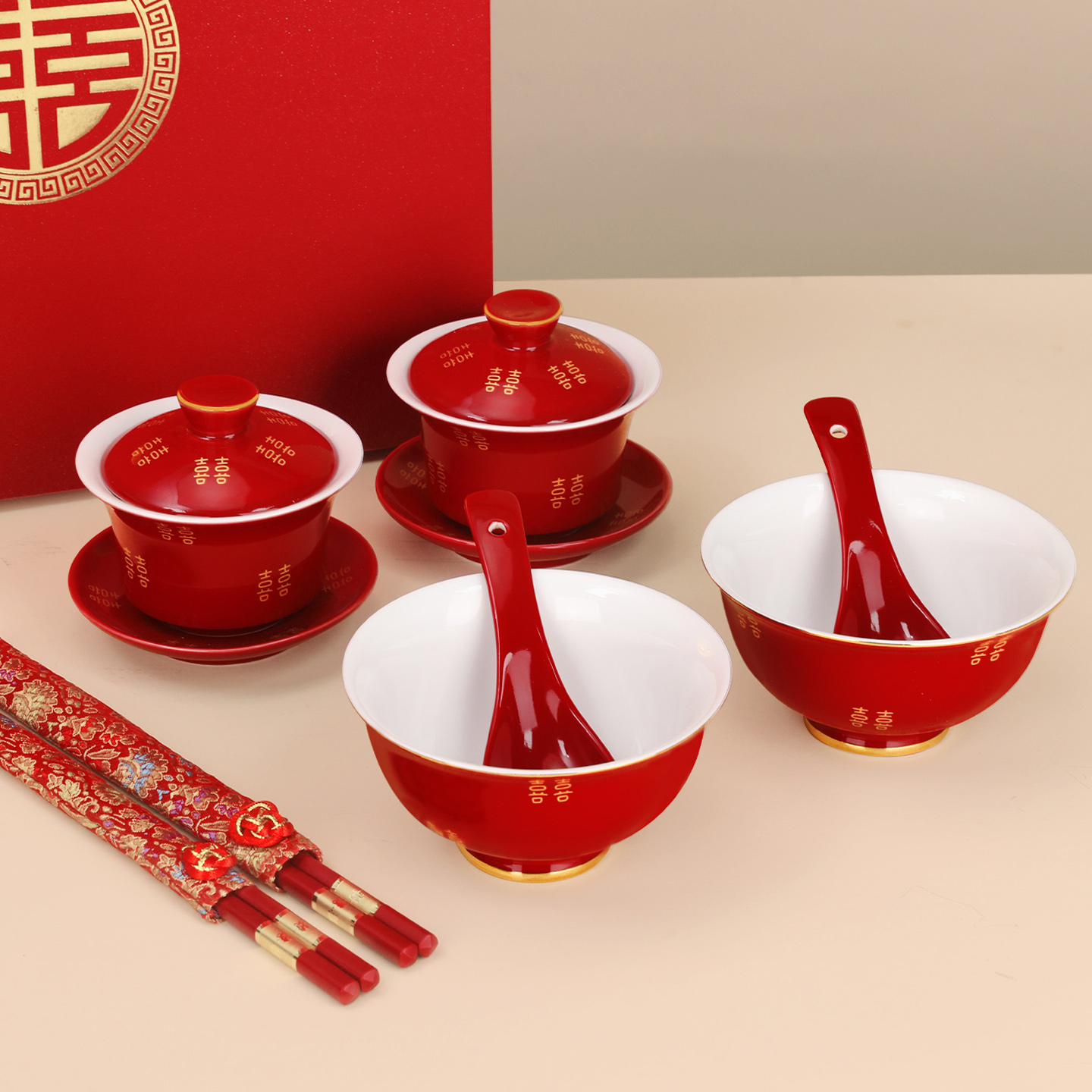 结婚改口敬茶杯套装婚礼红色喜碗