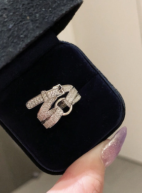 H新款皮带扣多层时尚戒指通体925纯银不规则街头潮流女戒不掉色