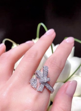 小香蝴蝶结水滴戒指交叉错位开口女戒通体925纯银小众设计高级感