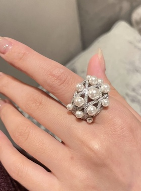 满天星欧美奢华珍珠戒指夸张设计款复古优雅女戒通体925纯银法式