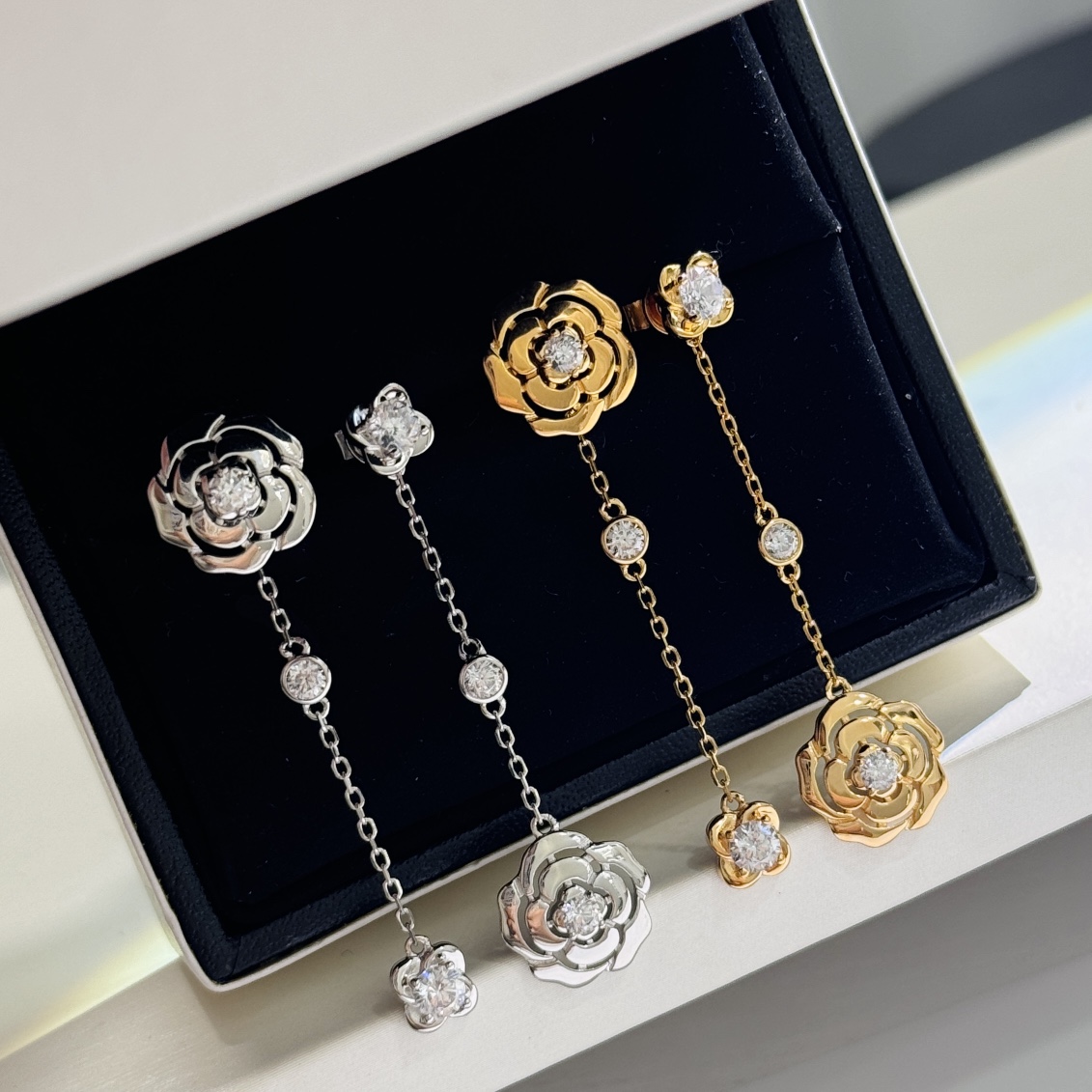 小香风山茶花耳环长款不对称耳吊通体925纯银重工珠宝款名媛单钻