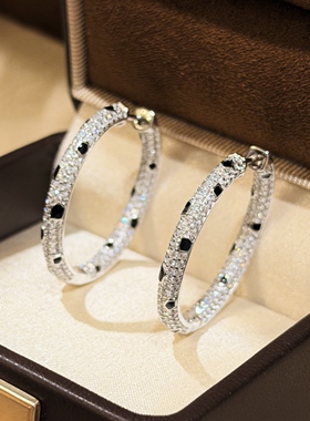 珠宝级黑色珐琅满钻豹子耳环大号耳圈通体925纯银精工打造气质