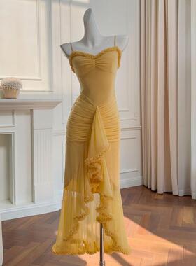 轻奢女装茉莉黄色不规则鱼尾裙修身吊带连衣裙长裙成人礼晚宴礼服