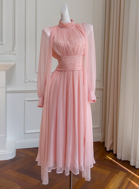 轻奢女装粉色名媛立领修身飘带旅游度假仙女风长裙收腰显瘦连衣裙