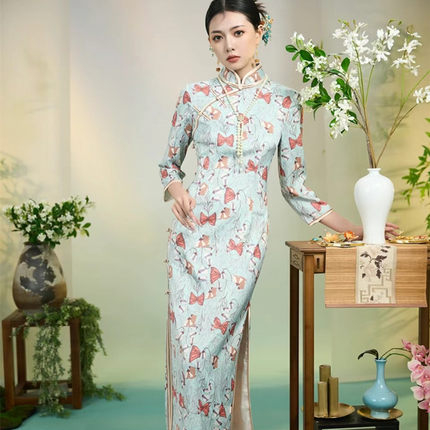 高定轻奢女装花色复古新中式国风印花古法改良旗袍长袖订婚晚礼服