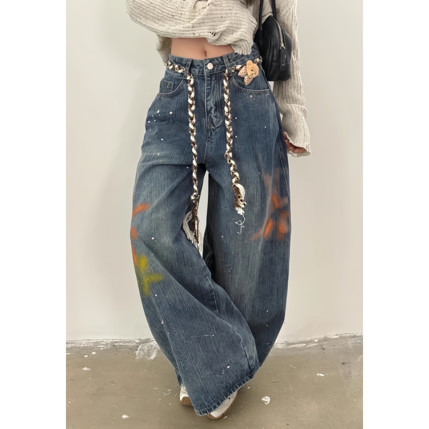 美式复古涂鸦印花牛仔裤女秋季新款辣妹设计感宽松显瘦阔腿弯刀裤